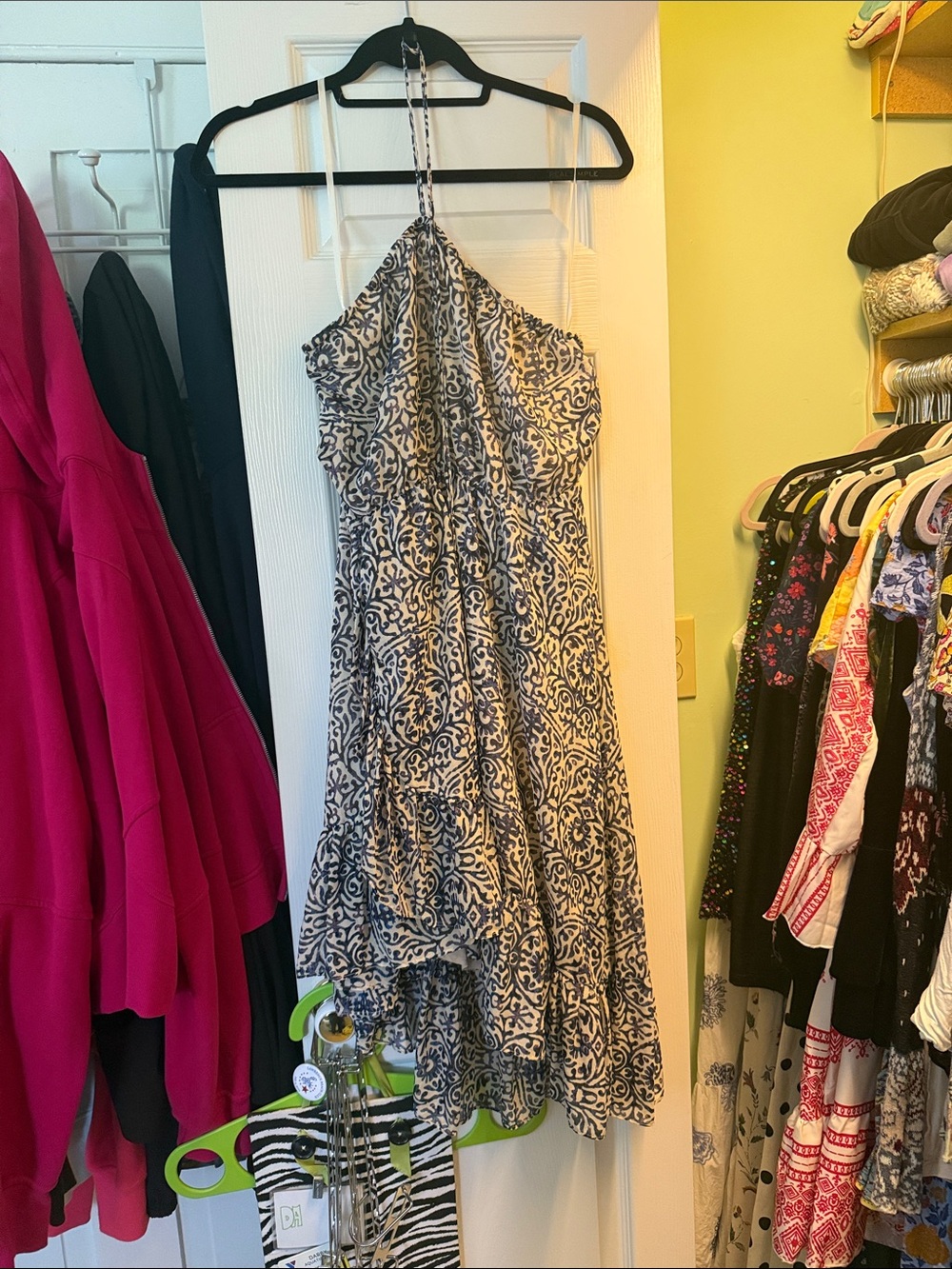 Free People Beige-Lined Blue Patterned Dress
